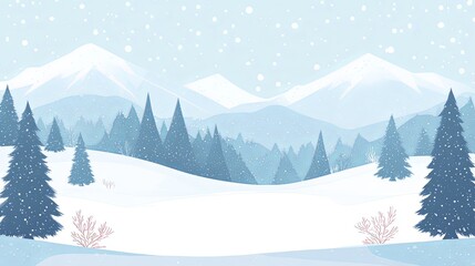 Fototapeta premium A serene winter landscape with snow-covered mountains, evergreen trees, and gentle snowfall, perfect for winter-themed designs.