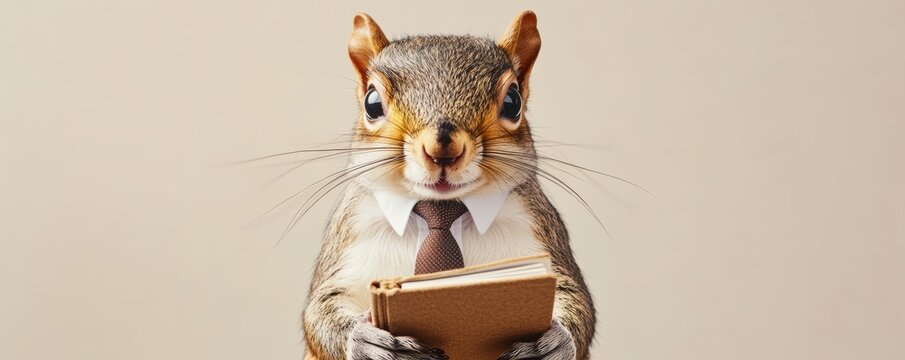 recommend clip art: Squirrel wearing a tie and holding a notebook close up, focus on, copy space Soft browns with clean lines, Double exposure silhouette with resourcefulness