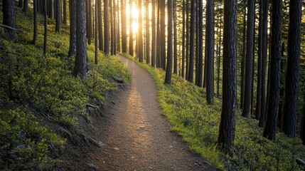 Obraz premium A serene forest path illuminated by sunlight through trees.