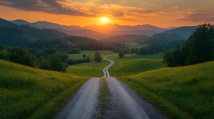 Top drone view of road in woods. Beautiful landscape with roadway in hills, pine trees, meadows, golden sunlight in fall. Travel