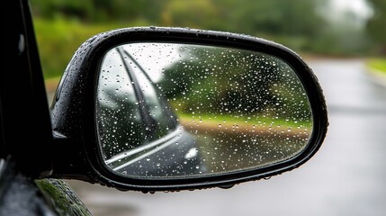 Reflections and Raindrops on a Side Mirror