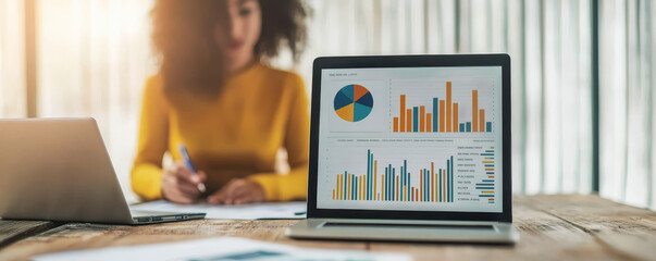 Woman analyzing data and charts on laptop in a modern workspace.