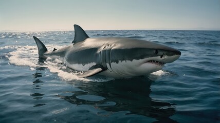 Fototapeta premium Great white shark swimming in clear ocean water with blue-gray sky visible above