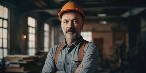 Obraz premium Portrait of Mamature Male Builder, Worker or Engineer in a Orange Safety Helmet and Overalls at a Construction Site, Factory or Workshop. Man at Work