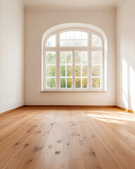 Fototapeta premium Bright and spacious room with large window showcasing outdoor greenery during daytime