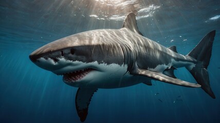 Naklejka premium Great white shark swimming underwater, moving through the deep ocean