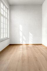 Bright, empty room with wooden floor and large windows letting in natural light