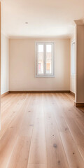 Fototapeta premium Bright, empty room with wooden floors and large windows in a modern house during daylight