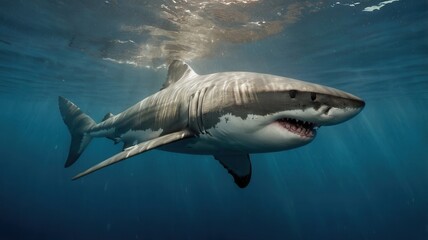 Fototapeta premium Great white shark submerged in the ocean, captured in its natural habitat