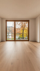 Bright modern room with large windows showcasing autumn leaves in a scenic neighborhood