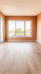 Fototapeta premium Bright and modern empty room with large windows and warm orange walls in a residential setting