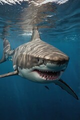 Fototapeta premium Great white shark swimming peacefully in ocean water with a calm underwater scene