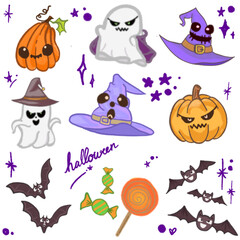 Adorable Halloween Cartoon Illustration &ndash; Featuring Bats, Ghosts, Pumpkins, and Witch Hat for Halloween Designs, Banners, Invitations, Posters, and Social Media Graphics &ndash; Fun and Cute Halloween Art