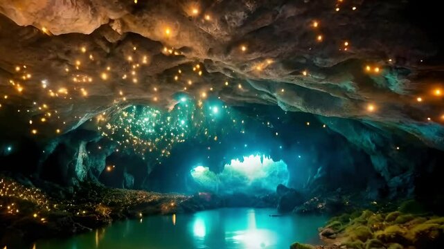 A mystical view inside a glowworm cave, where thousands of tiny, glowing insects create a starry sky-like effect on the cavern ceiling.

