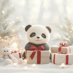 A cute panda toy surrounded by festive gifts, creating a magical and heartwarming holiday atmosphere.