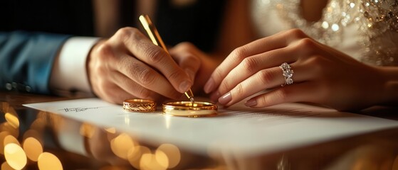 A close-up of a couple signing a marriage certificate, showcasing wedding rings and elegant gestures, capturing love and commitment.