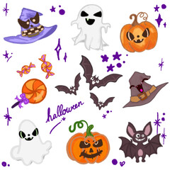 Adorable Halloween Cartoon Illustration – Featuring Bats, Ghosts, Pumpkins, and Witch Hat for Halloween Designs, Banners, Invitations, Posters, and Social Media Graphics – Fun and Cute Halloween Art
