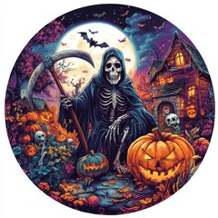 Whimsical Grim Reaper in Colorful Cartoonish Art with Spirited Masquerade Theme