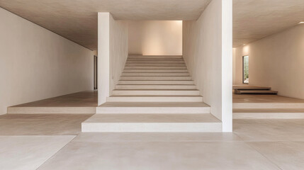 Modern minimalist interior with stairs in bright, spacious design during daylight hours
