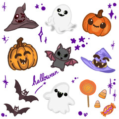 Adorable Halloween Cartoon Illustration – Featuring Bats, Ghosts, Pumpkins, and Witch Hat for Halloween Designs, Banners, Invitations, Posters, and Social Media Graphics – Fun and Cute Halloween Art