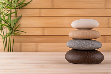 Balanced arrangement of smooth stones on a wooden surface with greenery in the background