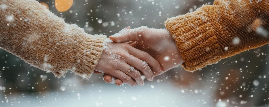 A warm moment captured in the snow, showcasing two hands intertwined, symbolizing love and connection during winter.