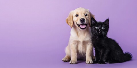 Happy golden retriever puppy and black kitten sitting side-by-side on a purple background.