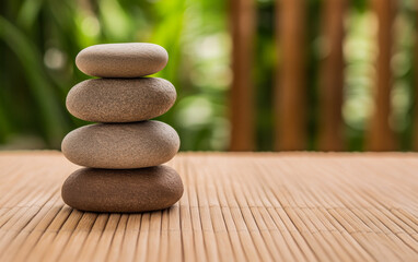 Balanced stones stacked on a bamboo mat in a serene indoor garden setting
