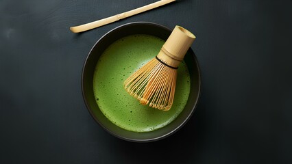 Matcha and Japanese tea set, black background.Top view.｜抹茶と日本茶セット、黒背景。上からのアングル