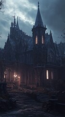 Obraz premium Dark Gothic Mansion on a Foggy Halloween Night - Made with Generative AI
