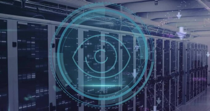 Animation of scope with search icon and data processing over computer servers