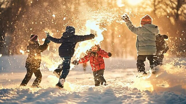 A group of children playfully engage in a snowball fight, their laughter echoing across the winter landscape as sunlight sparkles on the snow.