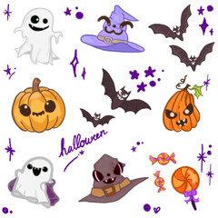 Adorable Halloween Cartoon Illustration – Featuring Bats, Ghosts, Pumpkins, and Witch Hat for Halloween Designs, Banners, Invitations, Posters, and Social Media Graphics – Fun and Cute Halloween Art