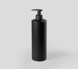 Realistic Black Shampoo Dispenser Bottle, Cosmetic Plastic Bottle, Liquid Container for Gel, Lotion, Antiseptic, Beauty Product, Isolated on Light Background, 3D Rendered, Mockup Ready.