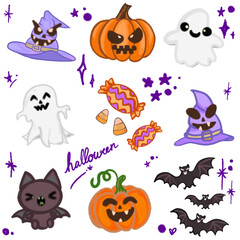 Adorable Halloween Cartoon Illustration – Featuring Bats, Ghosts, Pumpkins, and Witch Hat for Halloween Designs, Banners, Invitations, Posters, and Social Media Graphics – Fun and Cute Halloween Art