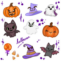 Adorable Halloween Cartoon Illustration – Featuring Bats, Ghosts, Pumpkins, and Witch Hat for Halloween Designs, Banners, Invitations, Posters, and Social Media Graphics – Fun and Cute Halloween Art