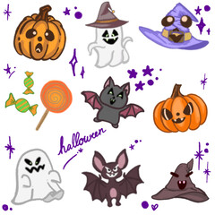 Adorable Halloween Cartoon Illustration – Featuring Bats, Ghosts, Pumpkins, and Witch Hat for Halloween Designs, Banners, Invitations, Posters, and Social Media Graphics – Fun and Cute Halloween Art