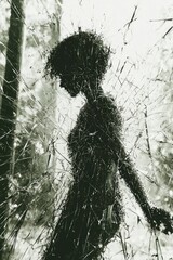 Fototapeta premium A Silhouette Figure Stands Behind a Sheet of Cracked Glass