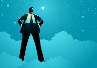 Businessman standing tall among the stars. Concepts of authority, strength, and leadership, ideal for themes of success, ambition, and professional achievement