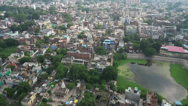 Pushkar Talab near assi ghat drone view in varanasi india