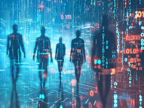 Silhouettes of businesspeople walking through a digital environment with binary code and tech patterns.