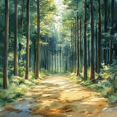 Obraz premium Serene Summer Forest Landscape in Watercolor Painting