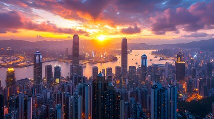 Fototapeta premium A stunning sunset over a bustling city skyline, with warm golden hues and reflections on skyscrapers