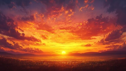 Obraz premium Fiery Sunset Over a Meadow