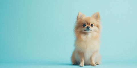 Obraz premium Small fluffy dog sitting on a light blue background.