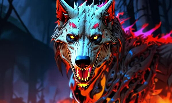 Digital illustration of mythical wolf-like creature with skeletal structure, metallic patterns, fiery fur, intense eyes, and menacing teeth.