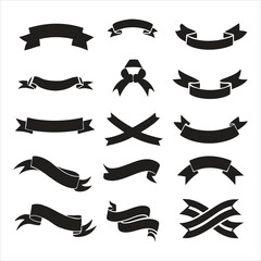 Ribbon set. Tape blank black glyph collection, decorative silhouette icons. Vintage outline design, ribbons sign style. Web icon kit of text banner tapes. Isolated vector illustration