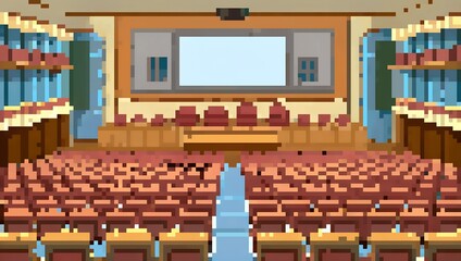 Pixel art of an empty auditorium with stage and seating