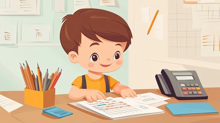 A Young Boy Sitting at a Desk Studying and Reviewing Documents