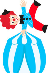 Clown acrobat is making a freeze on one hand on a circus tent. Front view Design element